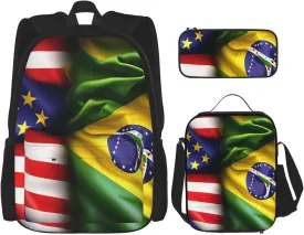 American And Brazilian Flags Print Pencil Case Lightweight Casual Fashion Backpack Lunch Bag Large Capacity Travel Bag
