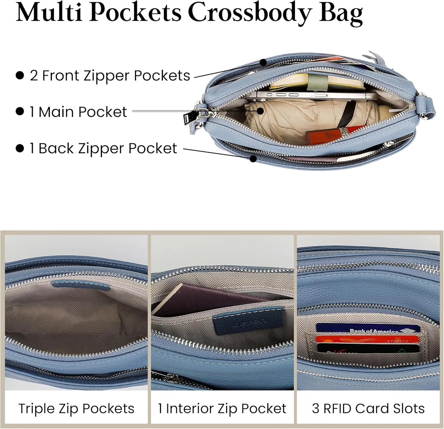 befen Small Genuine Leather Crossbody Purse Bags for Women, Multi Pockets Shoulder Handbag with RFID Blocking Card Slots