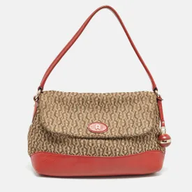 Beige/Red Signature Canvas and Leather Logo Flap Shoulder Bag
