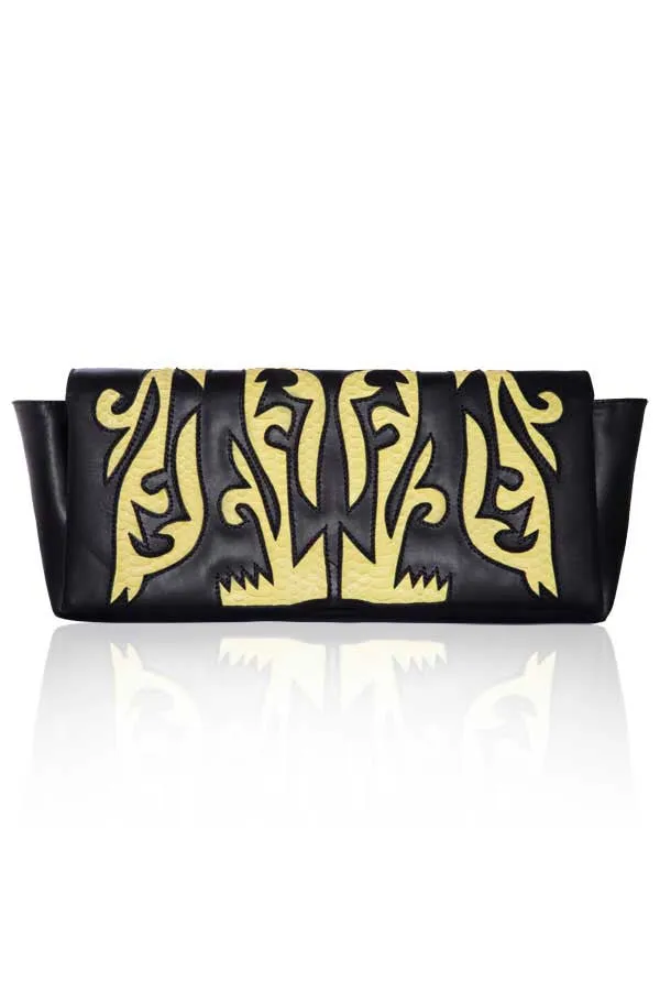 BLACK LEATHER CLUTCH WITH YELLOW SNAKESKIN DETAIL