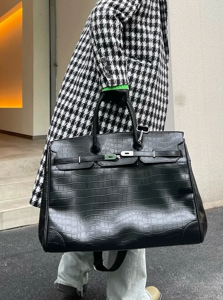 Black Platinum birkin inspired croc pattern overnight weekend tote high street travel weekender bag