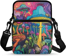 Blue Purple Mushroom Forest Pattern Kids Girls Boys Crossbody Bags, 2 Layers Shoulder Bag Travel Outdoor Chest Bags Satchel Bag with Adjustable Shoulder Strap