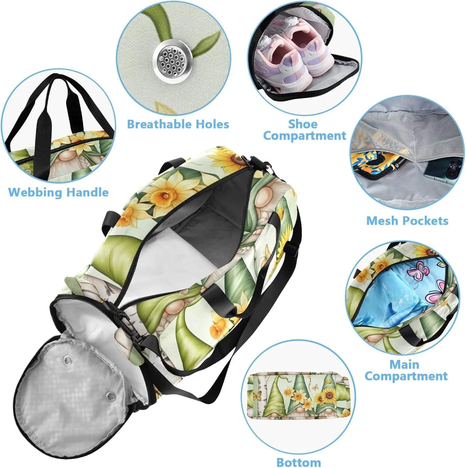 Boys Carry on Duffel Cute Gnomes Green Hats Toddler Weekender Bags Girls Duffle Bags Travel Tote Sports Dance Bag