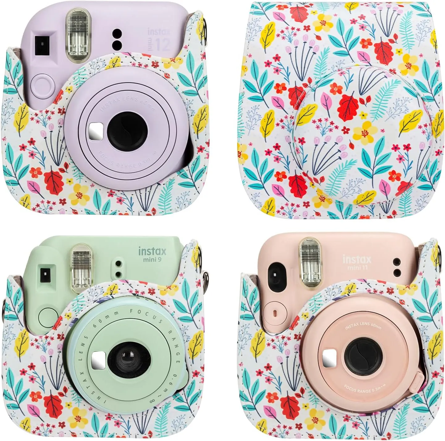 Camera Case Bag Compatible with Fujifilm instax Mini 12 11 9 instant camera,PU Leather Bag with and Adjustable Shoulder Strap (Colorful leaves)