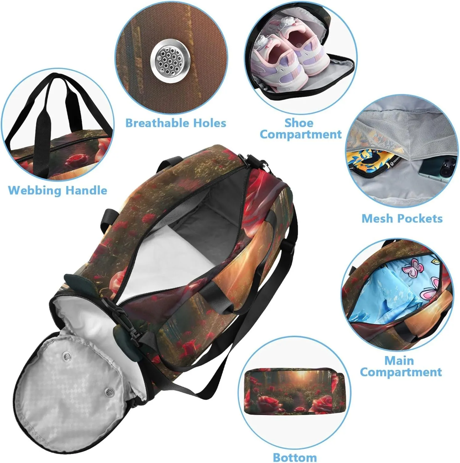 Carry on Duffel Bag Boys Overnight Weekender Duffel Beautiful Rose Garden Travel Duffle Bags Girls Tote Dance Duffle Bag