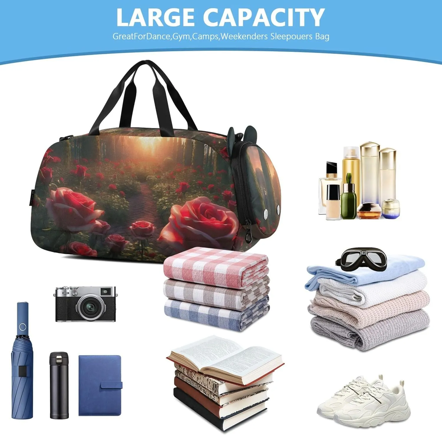 Carry on Duffel Bag Boys Overnight Weekender Duffel Beautiful Rose Garden Travel Duffle Bags Girls Tote Dance Duffle Bag