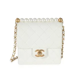 CHANEL White Quilted Goatskin Vertical Chic Pearls New Bag