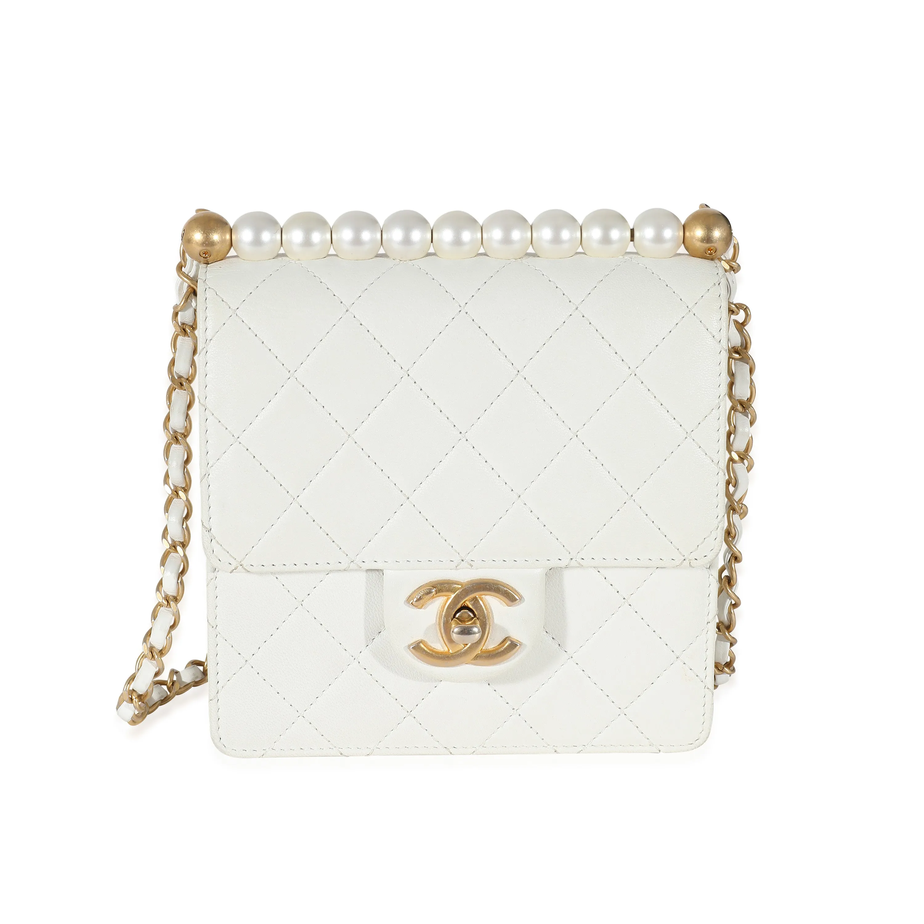 CHANEL White Quilted Goatskin Vertical Chic Pearls New Bag