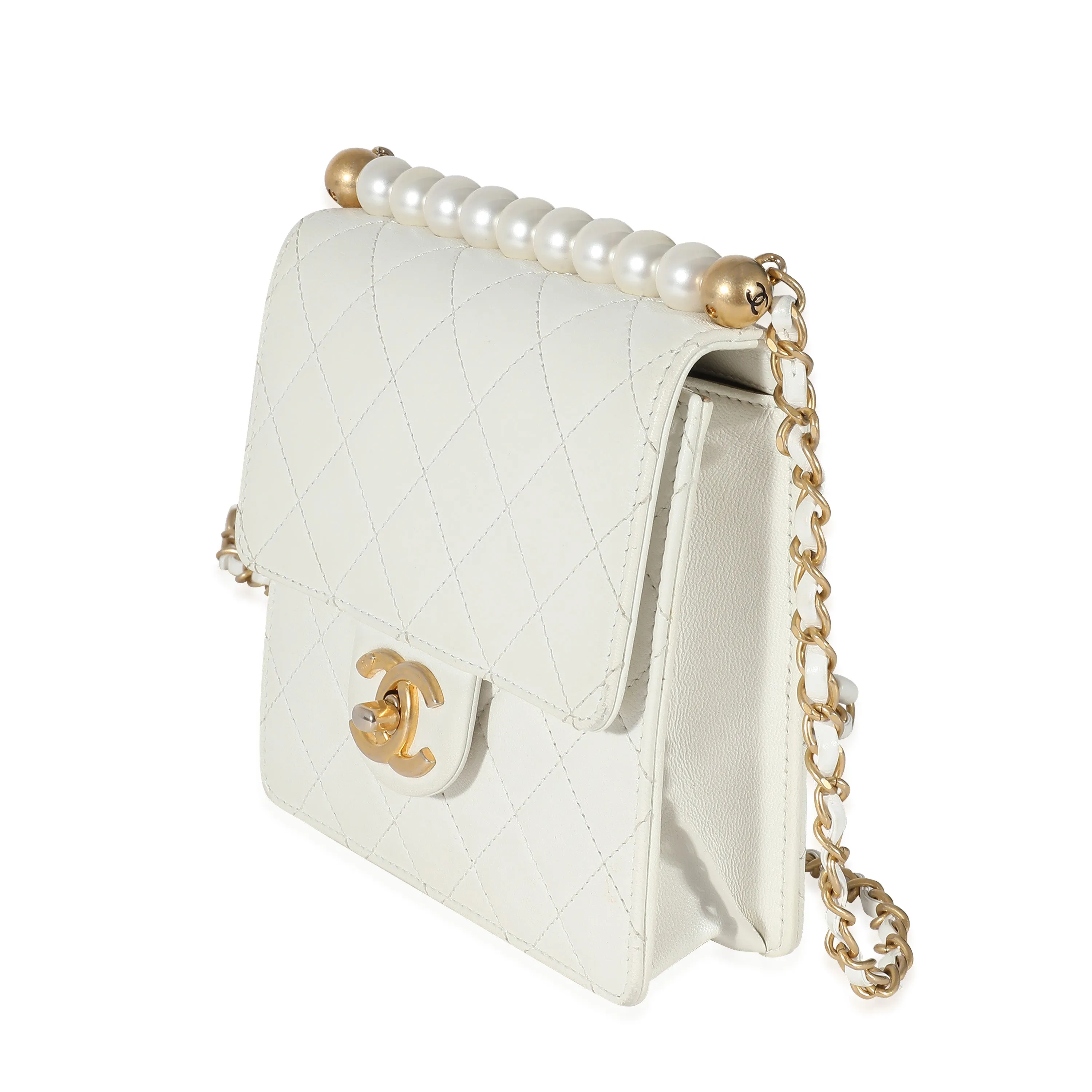 CHANEL White Quilted Goatskin Vertical Chic Pearls New Bag