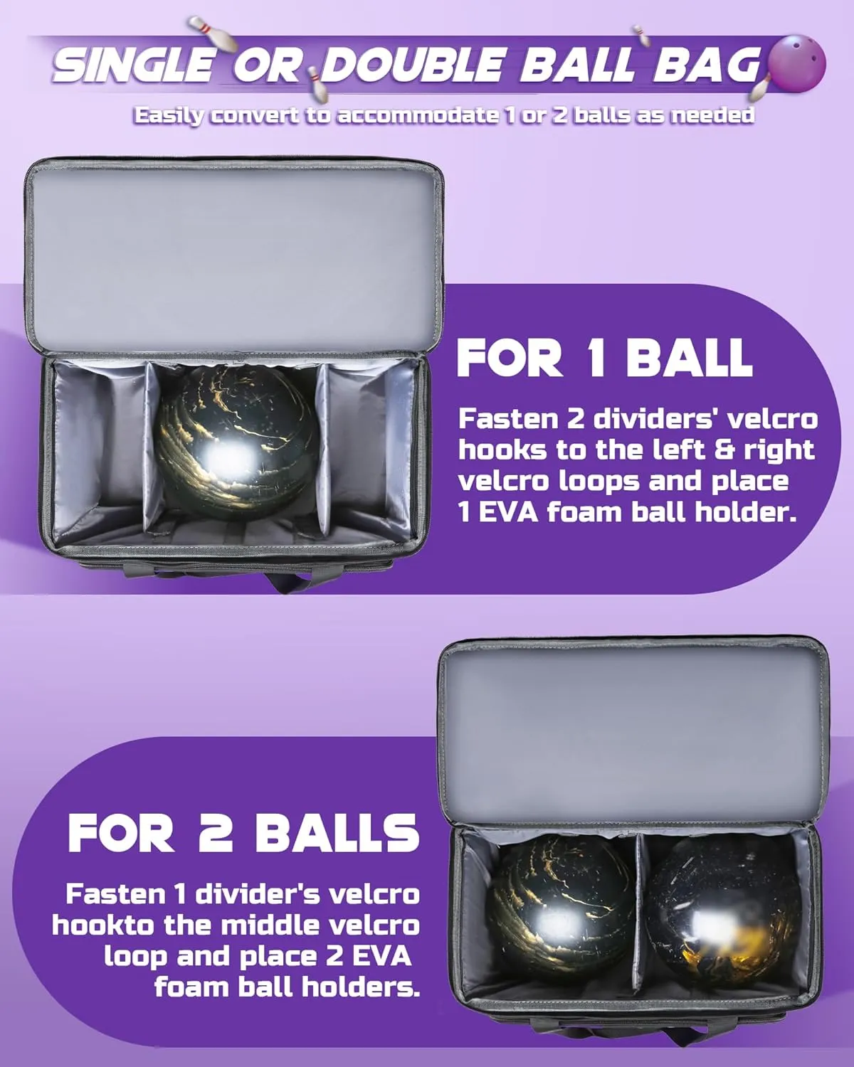 Convertible Bowling Bag with Wheels - Roller Bag for 1 or 2 Balls - EVA Foam Ball Cup - Rolling Tote for Bowling Accessories - Gifts for Youth & Adults