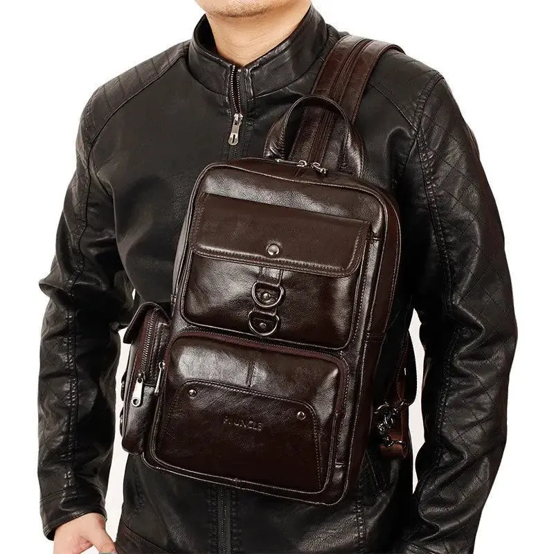 Cowhide Multifunctional Backpack with 5 Compartments & Embossed Detailing