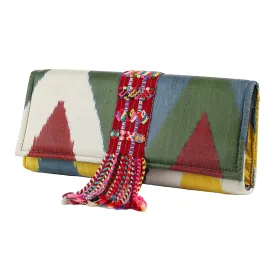 Du Monde Collection - Bianca Silk Ikat   Guatemalan Textile Clutch with Fringe