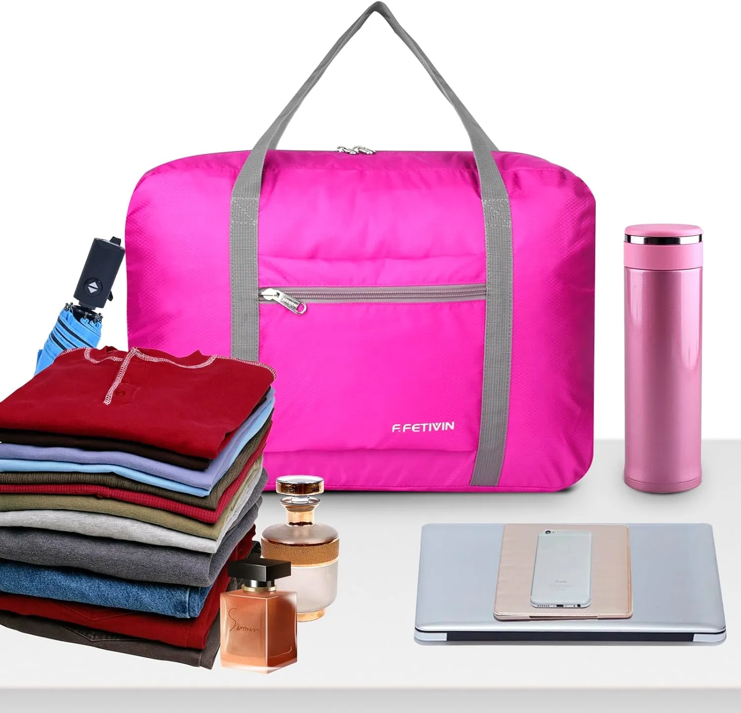 F.FETIVIN Personal item travel bag 17.7x12.6x6.3 for Spirit Airlines Lightweight carry on duffle bag waterproof for Gym,Sports,Vacation(Hot Pink)