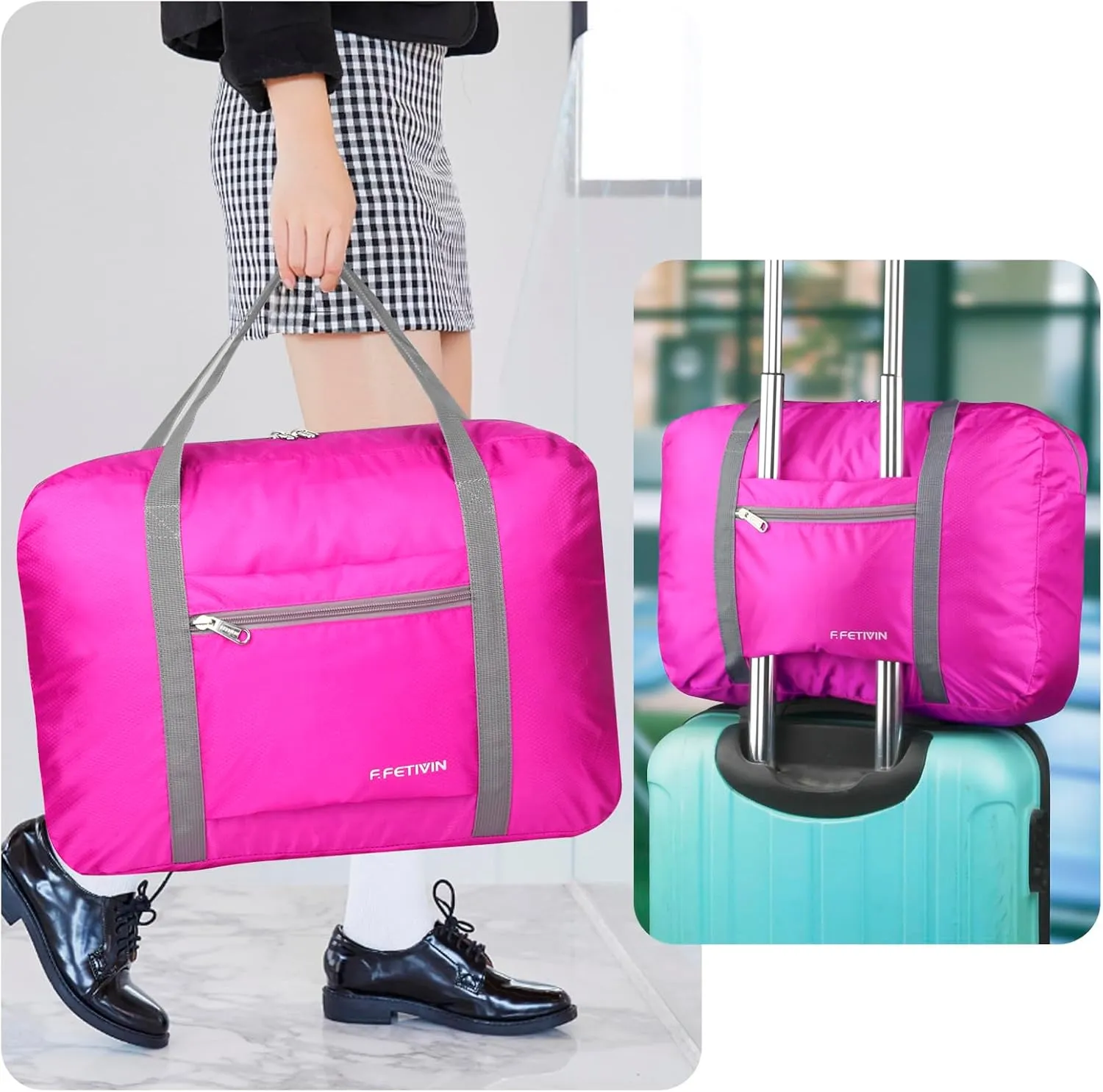 F.FETIVIN Personal item travel bag 17.7x12.6x6.3 for Spirit Airlines Lightweight carry on duffle bag waterproof for Gym,Sports,Vacation(Hot Pink)