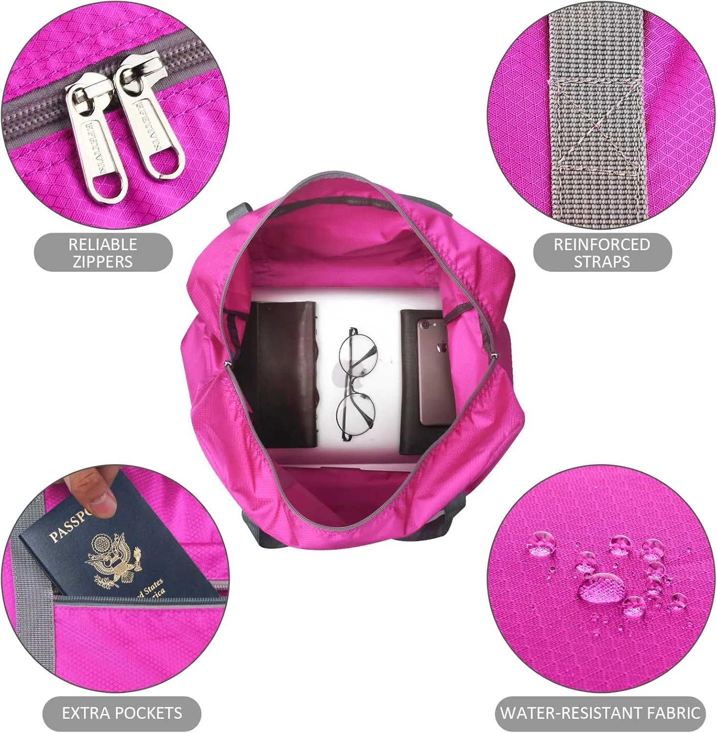 F.FETIVIN Personal item travel bag 17.7x12.6x6.3 for Spirit Airlines Lightweight carry on duffle bag waterproof for Gym,Sports,Vacation(Hot Pink)