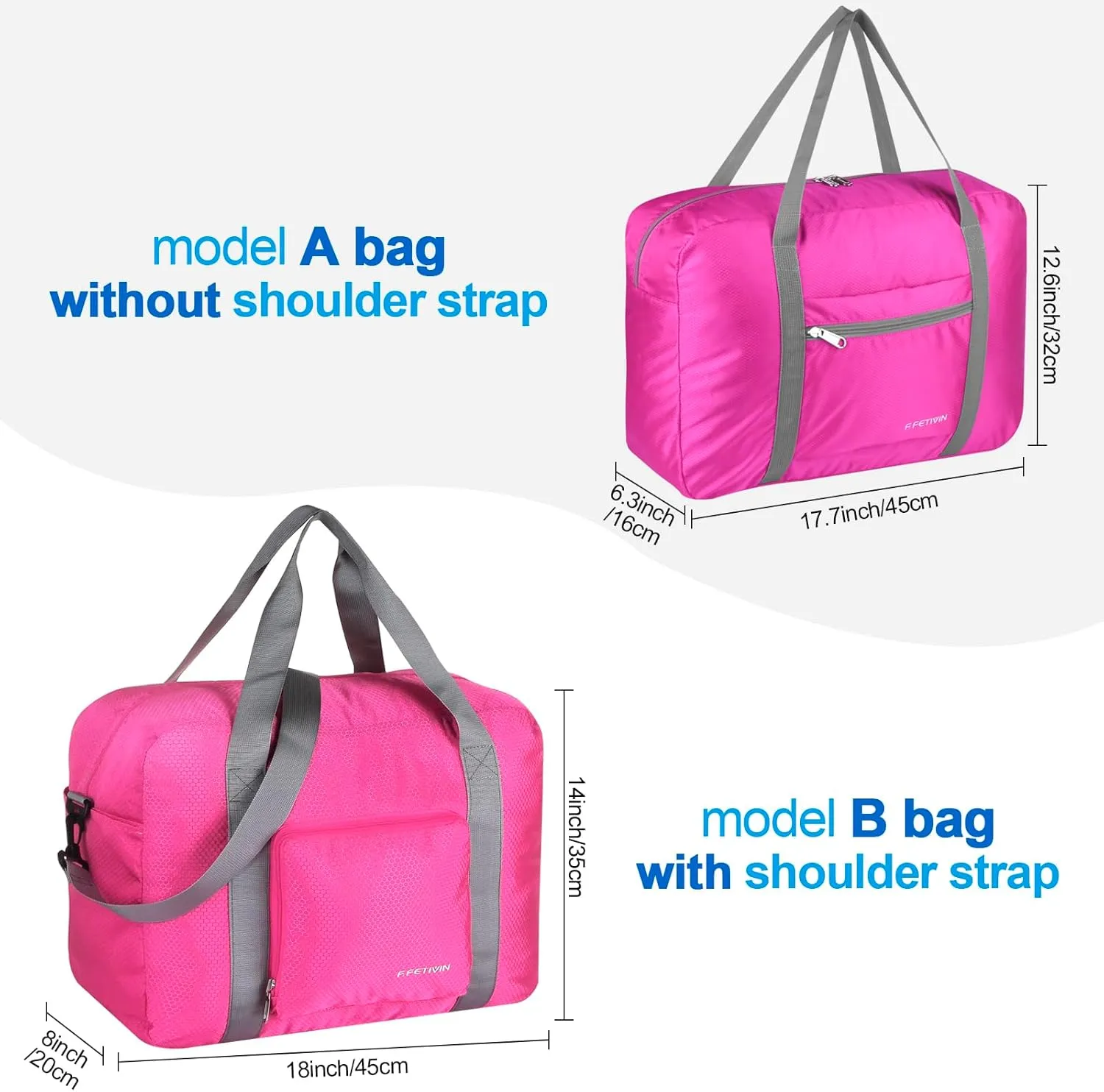 F.FETIVIN Personal item travel bag 17.7x12.6x6.3 for Spirit Airlines Lightweight carry on duffle bag waterproof for Gym,Sports,Vacation(Hot Pink)