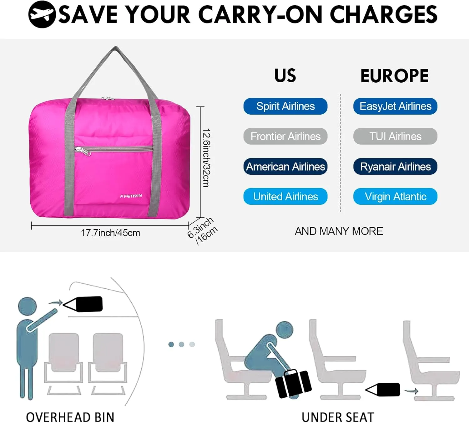 F.FETIVIN Personal item travel bag 17.7x12.6x6.3 for Spirit Airlines Lightweight carry on duffle bag waterproof for Gym,Sports,Vacation(Hot Pink)