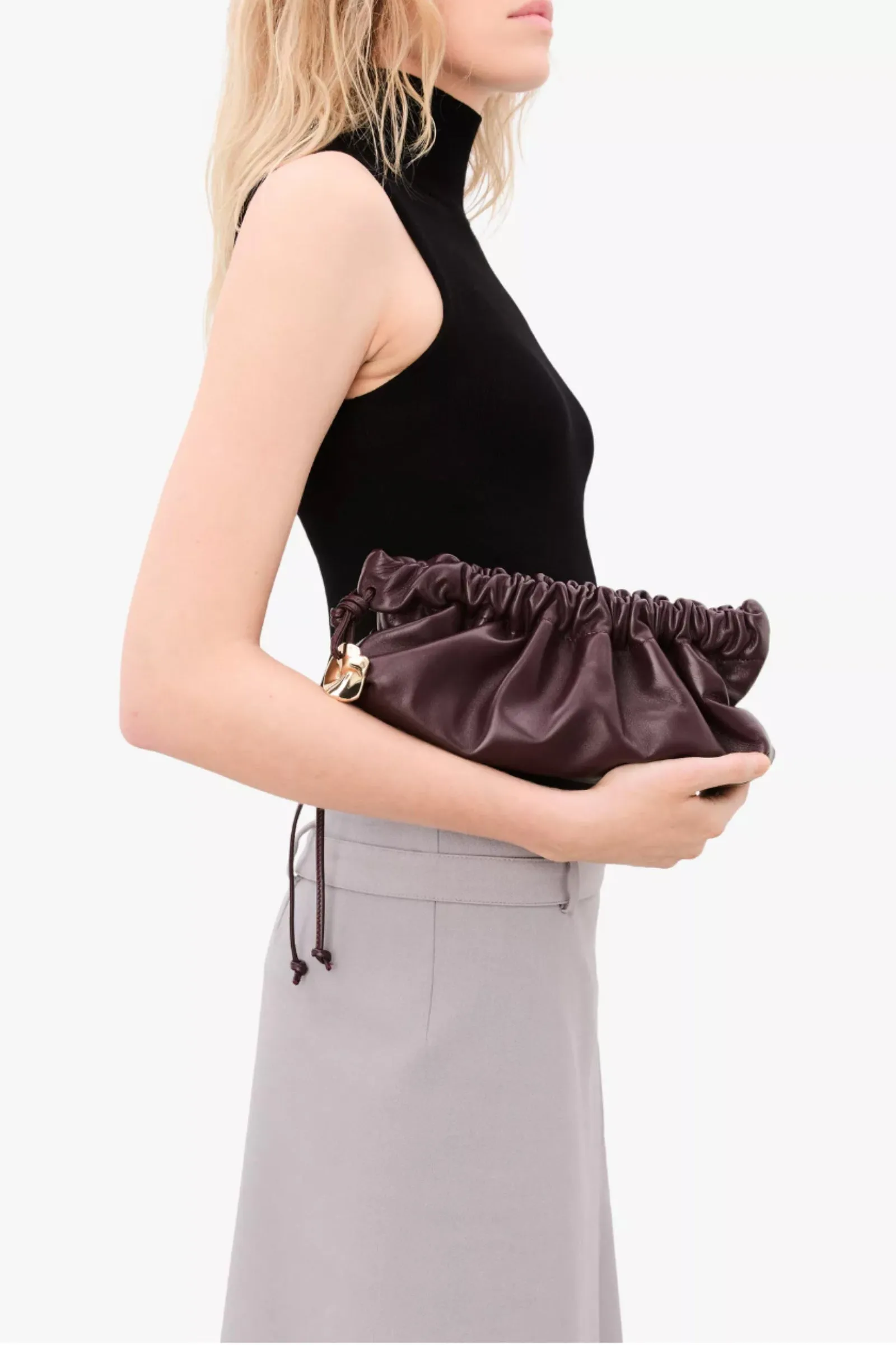 Flattered Cissi Leather Ruched Clutch Bag, Burgundy