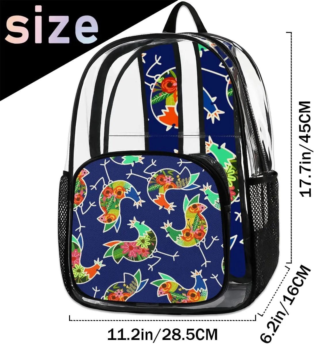 Floral Chicken Rooster Clear Backpack Stadium Approved Heavy Duty Transparent Backpack for Women Men Large PVC See Through Bag for Sports Event Concert Festival Work Travel