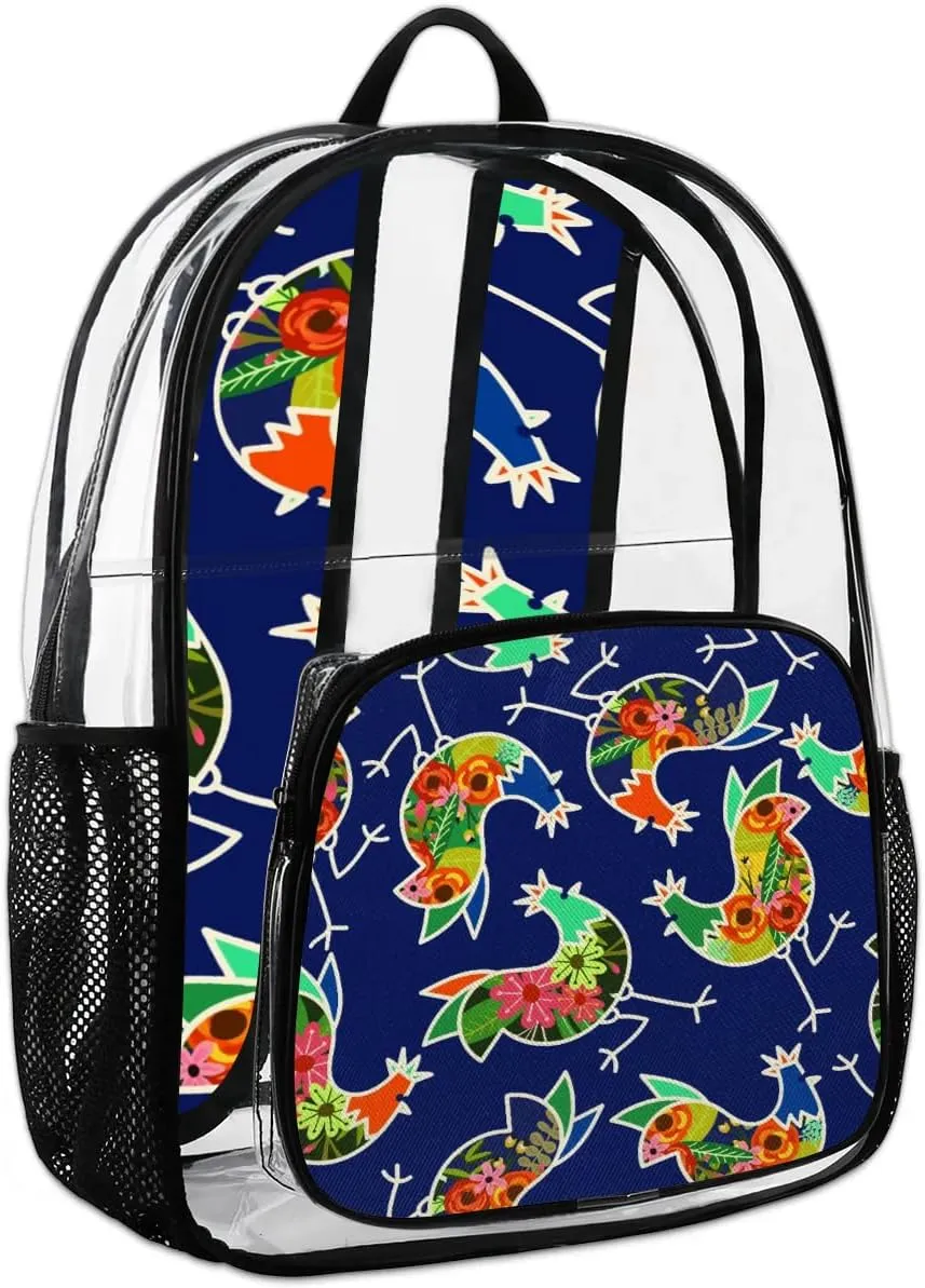 Floral Chicken Rooster Clear Backpack Stadium Approved Heavy Duty Transparent Backpack for Women Men Large PVC See Through Bag for Sports Event Concert Festival Work Travel