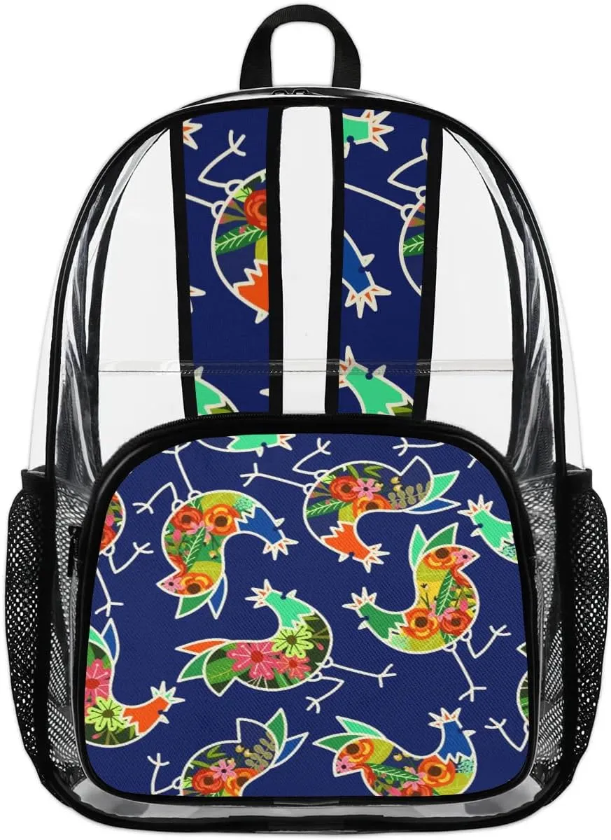 Floral Chicken Rooster Clear Backpack Stadium Approved Heavy Duty Transparent Backpack for Women Men Large PVC See Through Bag for Sports Event Concert Festival Work Travel