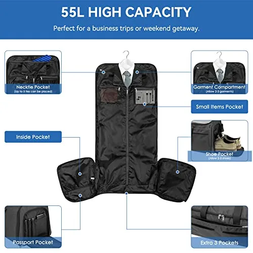 Garment Duffle Bags for Travel, Bukere Convertible Carry on Garment Duffel Bag for Men Women, Shoe Compartment, 2 in 1 Hanging Dress Suitcase Suit Travel Bags