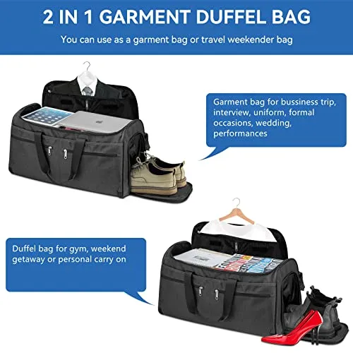Garment Duffle Bags for Travel, Bukere Convertible Carry on Garment Duffel Bag for Men Women, Shoe Compartment, 2 in 1 Hanging Dress Suitcase Suit Travel Bags