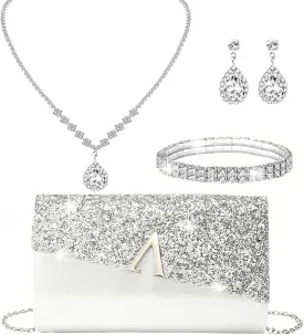 Glitter Evening Clutch Purse for Women Sparkly Shiny Handbag Ladies Wedding Prom Purse with Detachable Chain 4 Pieces Rhinestone Jewelry Set