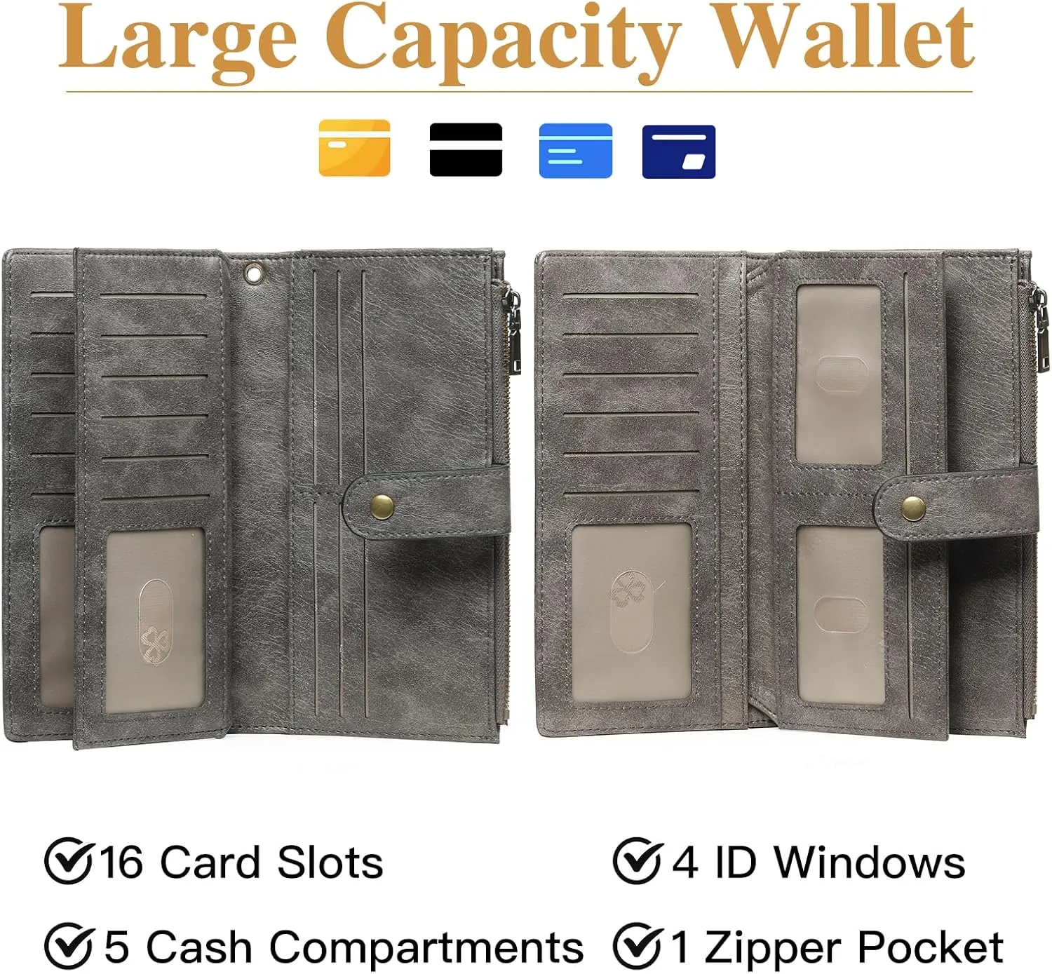 GOIACII Women's Wallet RFID Blocking Ladies Wristlet Clutch Large Capacity Credit Card Holder Leather 4 ID Window Grey