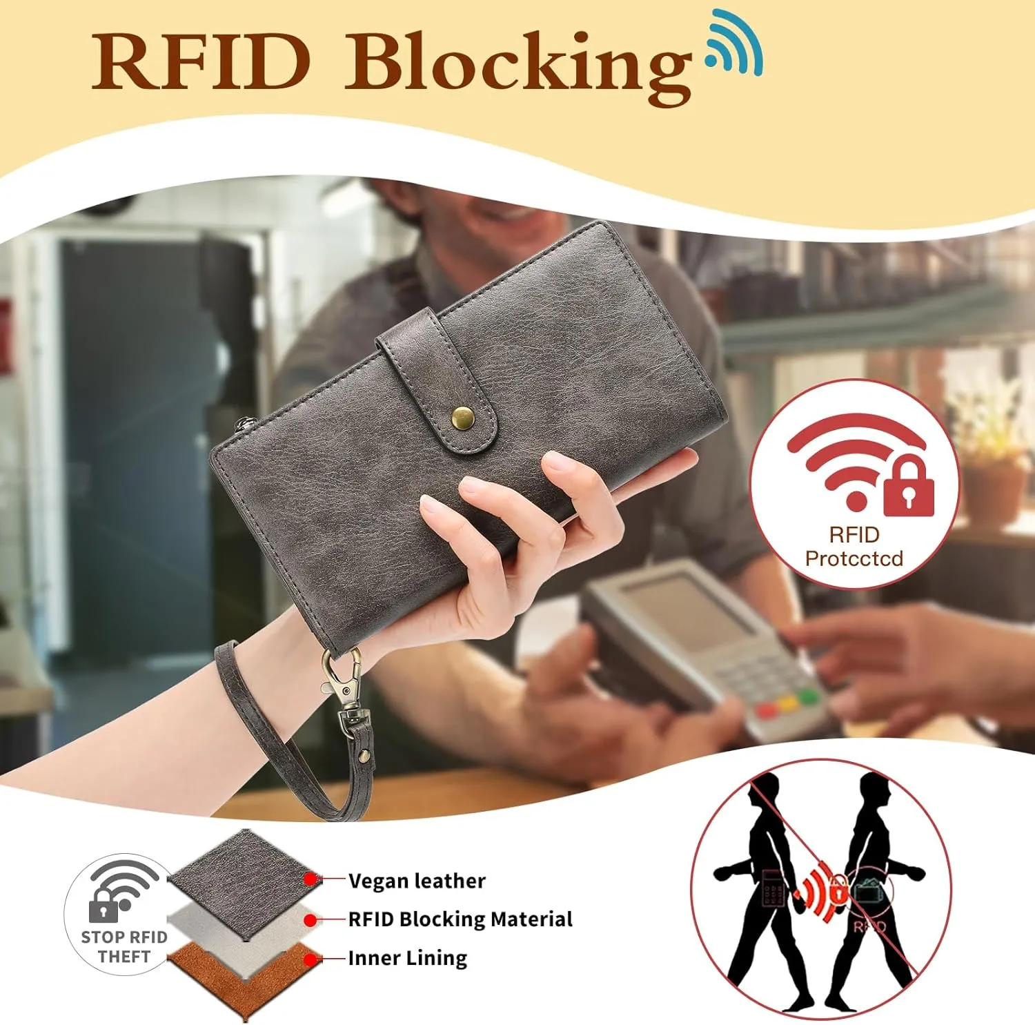 GOIACII Women's Wallet RFID Blocking Ladies Wristlet Clutch Large Capacity Credit Card Holder Leather 4 ID Window Grey