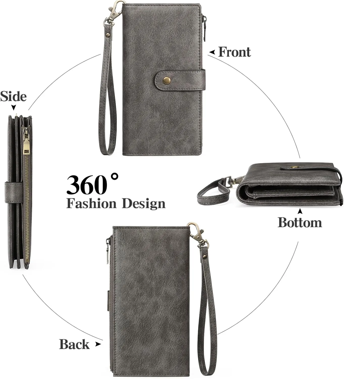 GOIACII Women's Wallet RFID Blocking Ladies Wristlet Clutch Large Capacity Credit Card Holder Leather 4 ID Window Grey