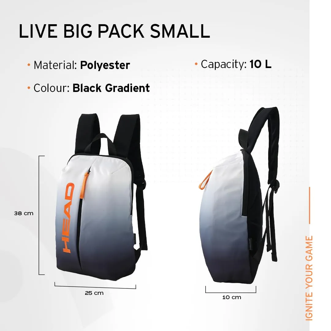 HEAD Hustle Series Travel Backpack for Men & Women - 10 L | 100% Polyester | Water Resistant | Laptop Bag for Men | College Bag for Men | School Bag for Girls | Office Bag for Men | Black Gradient