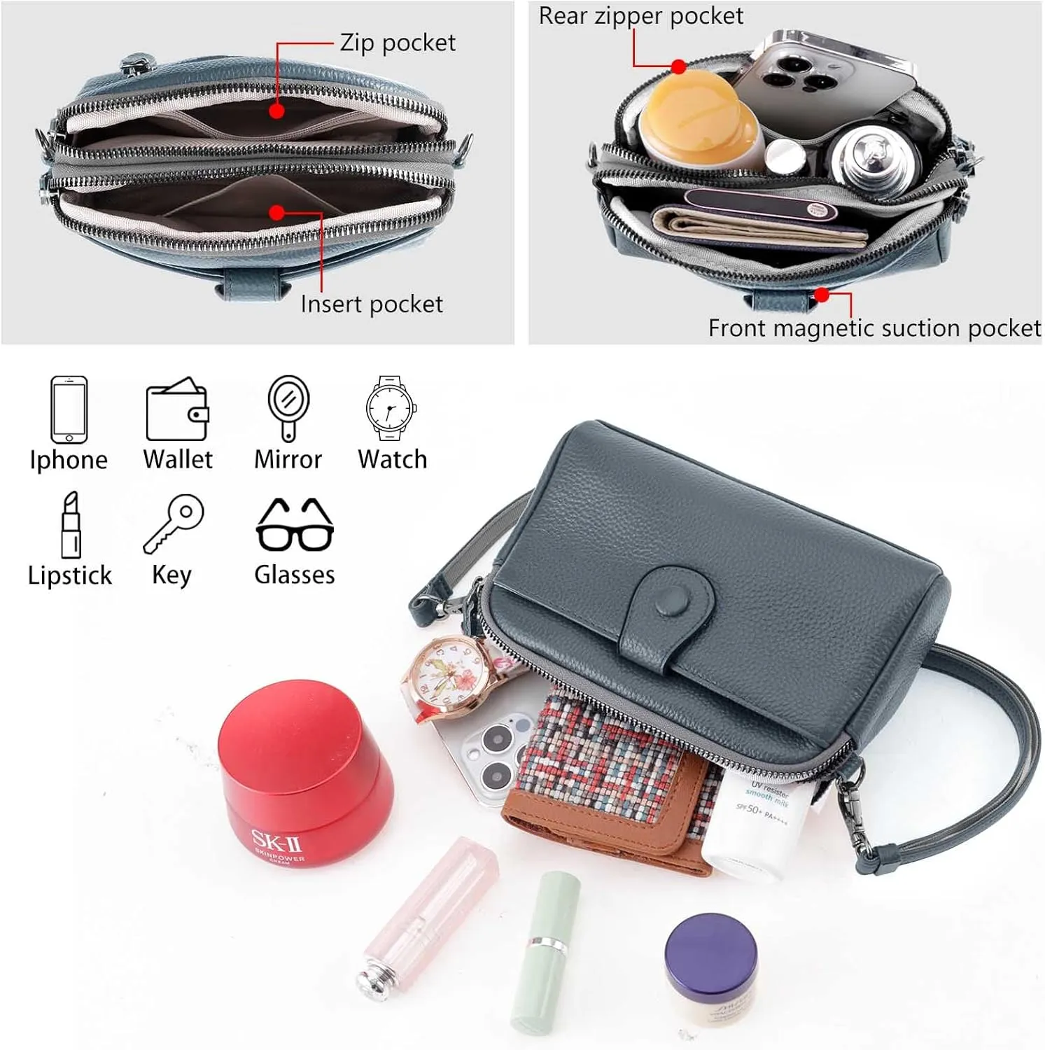 HUA ANGEL Women Small Crossbody Bag Leather Cellphone Purse Clutch Wallet Bag with Wristlet Straps Mini Over Shoulder Handbag