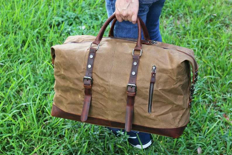 Large Waxed Canvas Weekender Duffle Bag Travel Mens
