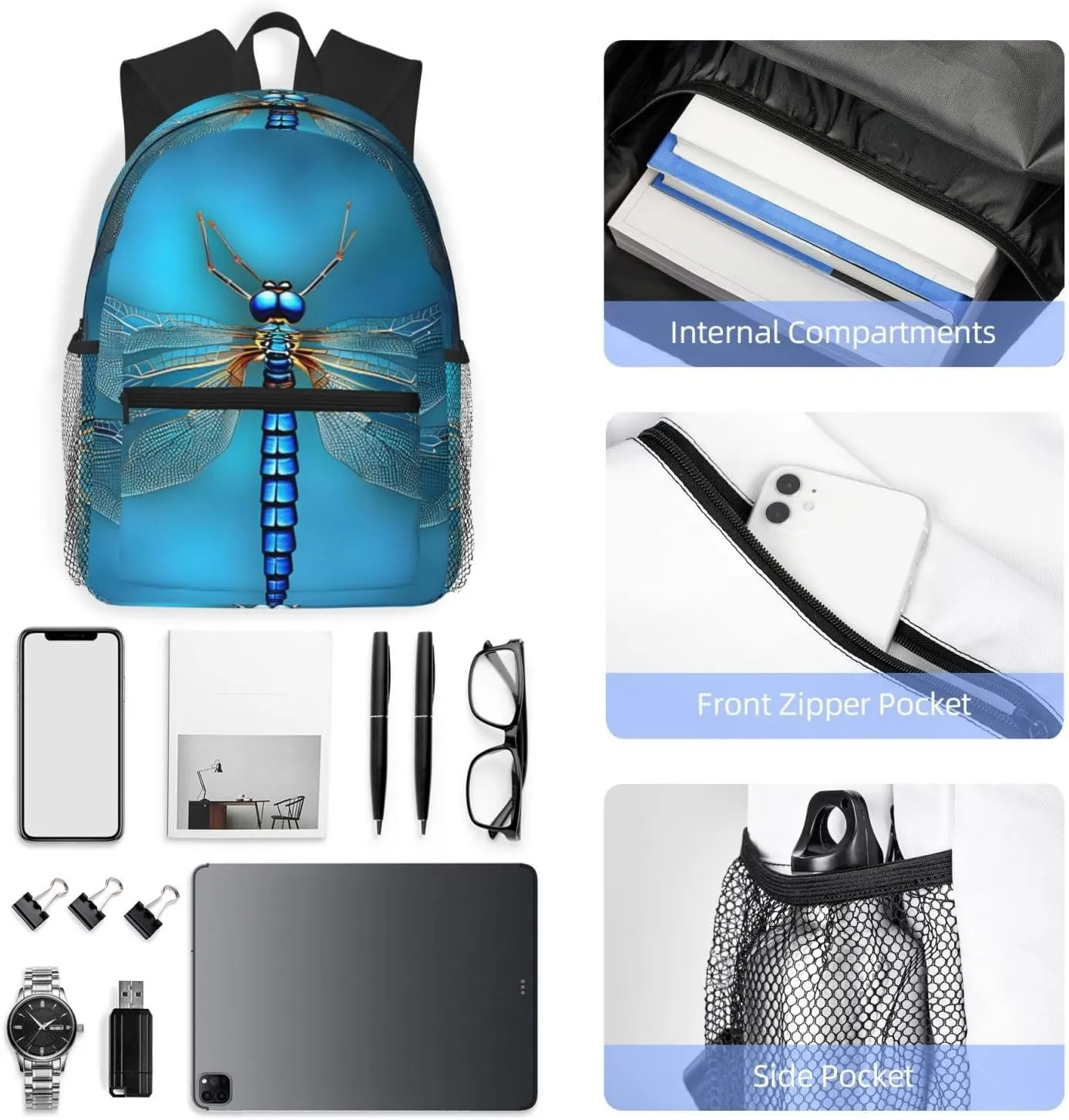 Lightweight Laptop Backpack,Casual Daypack Travel Backpack Bookbag Work Bag for Men and Women-Blue Odonata Pattern