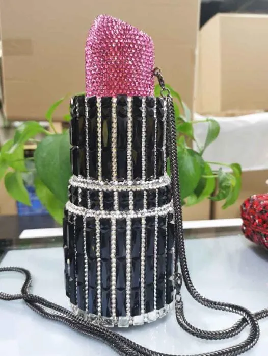 Lipstick Crystal Purse Rhinestone Clutch Evening Handbag