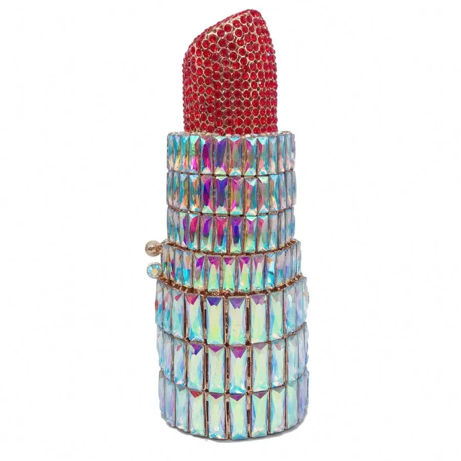 Lipstick Crystal Purse Rhinestone Clutch Evening Handbag