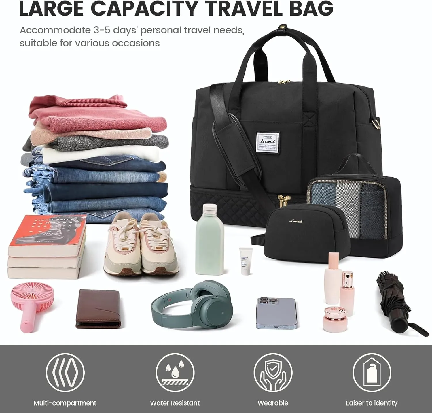 LOVEVOOK Travel Duffel Bag, 21inch Weekender Bags for Women with Shoe Compartment45L Carry on Overnight Bag with Toiletry Bag