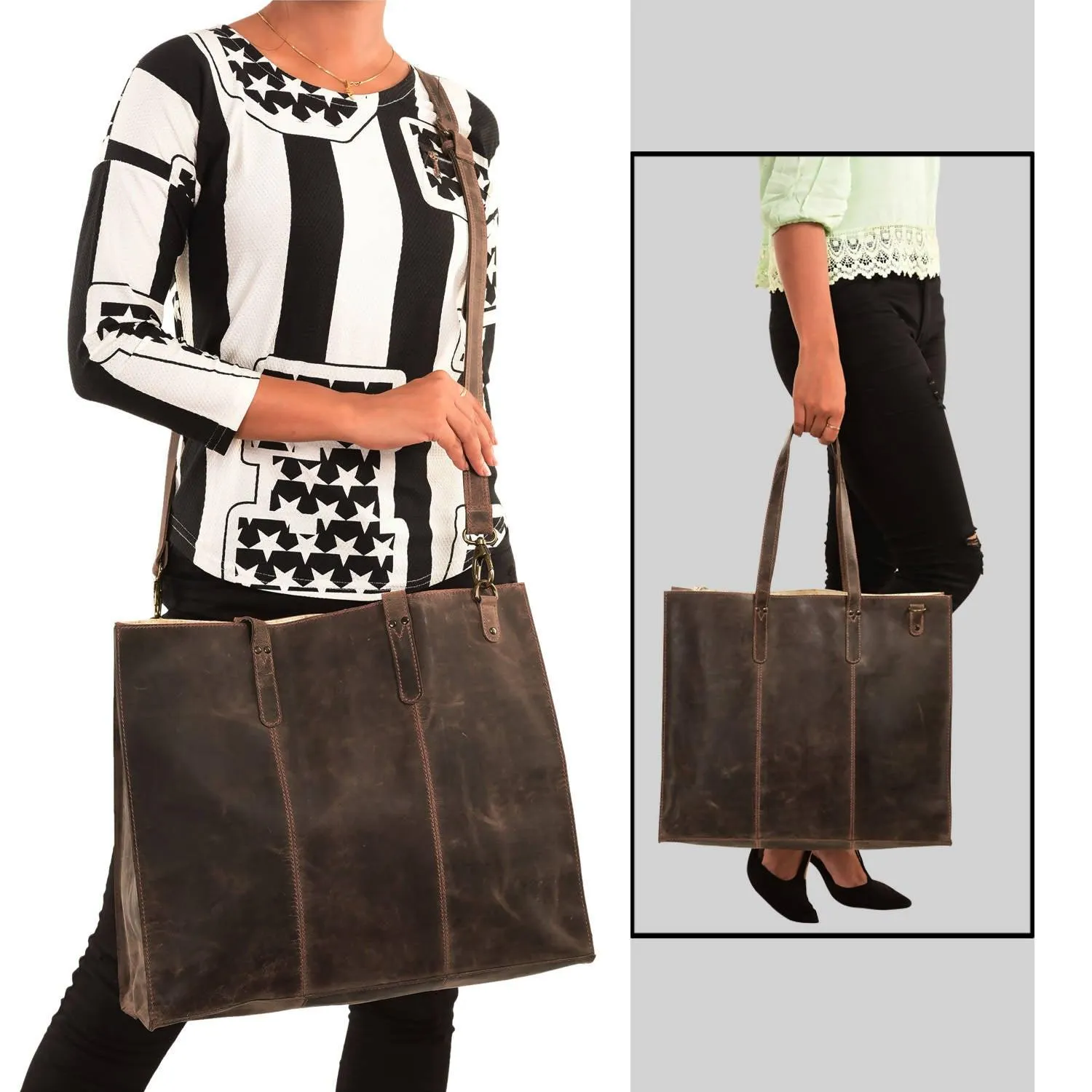 MANDAVA Women's Top Grain Genuine Leather Tote Shoulder Bag for Work Shopping Hunter Leather Big Shopper Bag (Dark Brown)