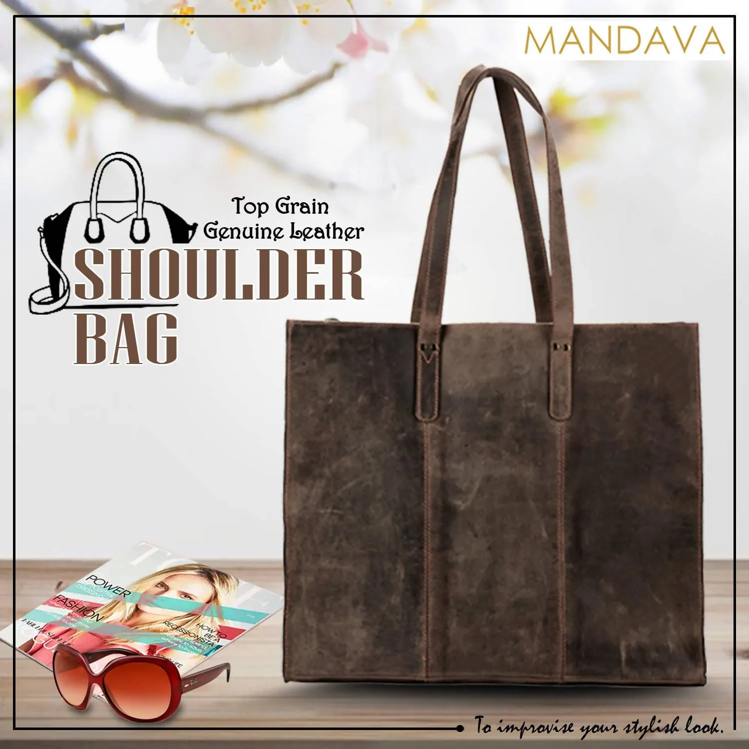 MANDAVA Women's Top Grain Genuine Leather Tote Shoulder Bag for Work Shopping Hunter Leather Big Shopper Bag (Dark Brown)