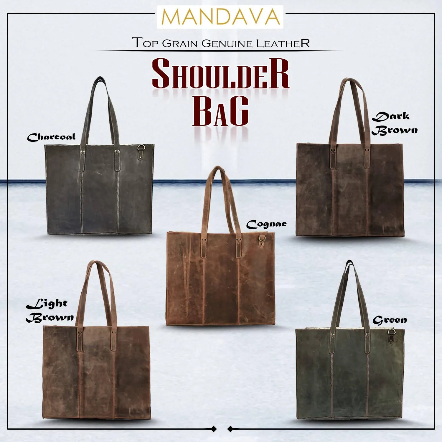 MANDAVA Women's Top Grain Genuine Leather Tote Shoulder Bag for Work Shopping Hunter Leather Big Shopper Bag (Dark Brown)
