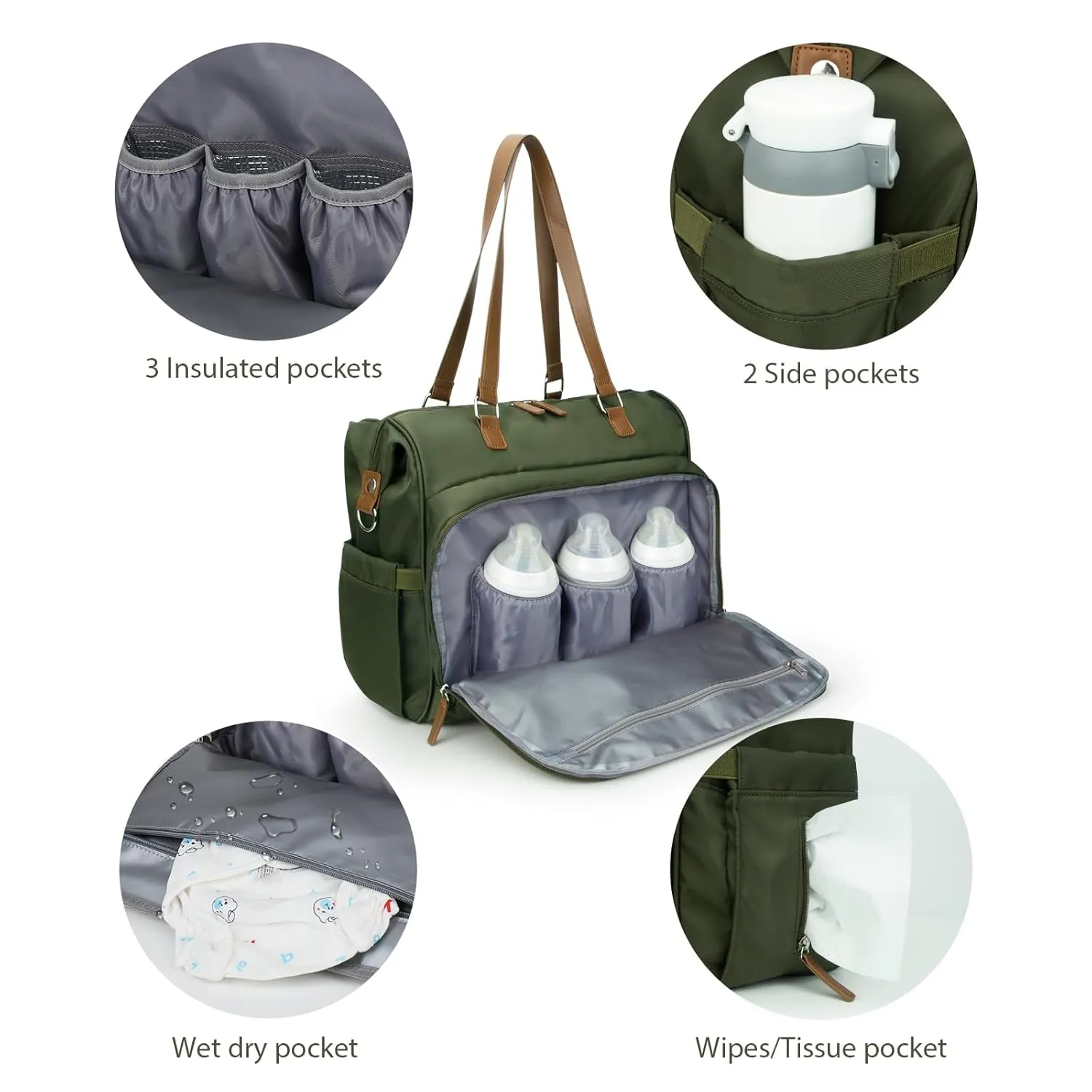 Moms Diaper Bag 4 in 1 Diaper Baby Tote, Hospital Bag for Labor & Delivery, Large Waterproof Baby Travel Weekender with 3 Insulated Pockets,Olive Green