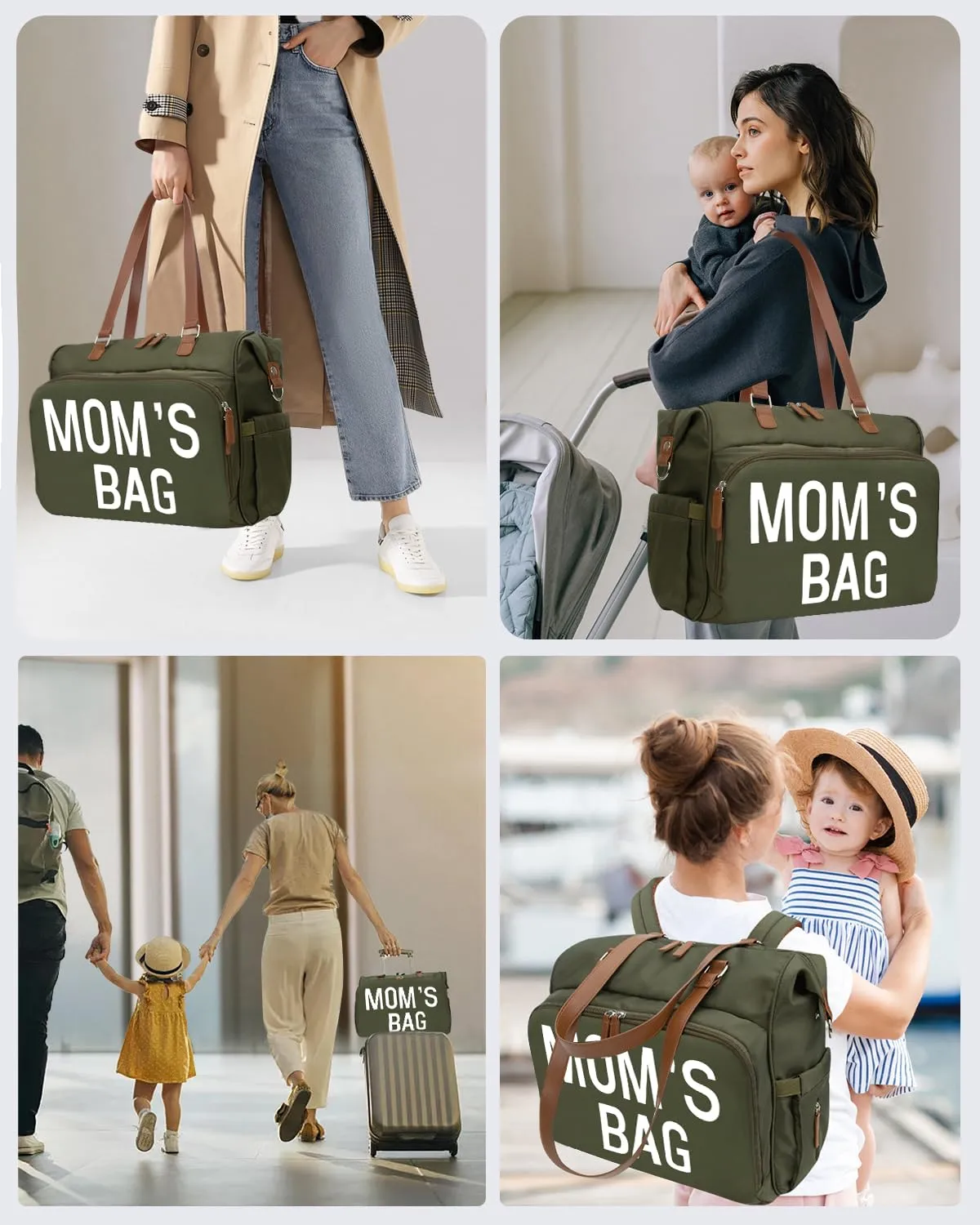 Moms Diaper Bag 4 in 1 Diaper Baby Tote, Hospital Bag for Labor & Delivery, Large Waterproof Baby Travel Weekender with 3 Insulated Pockets,Olive Green