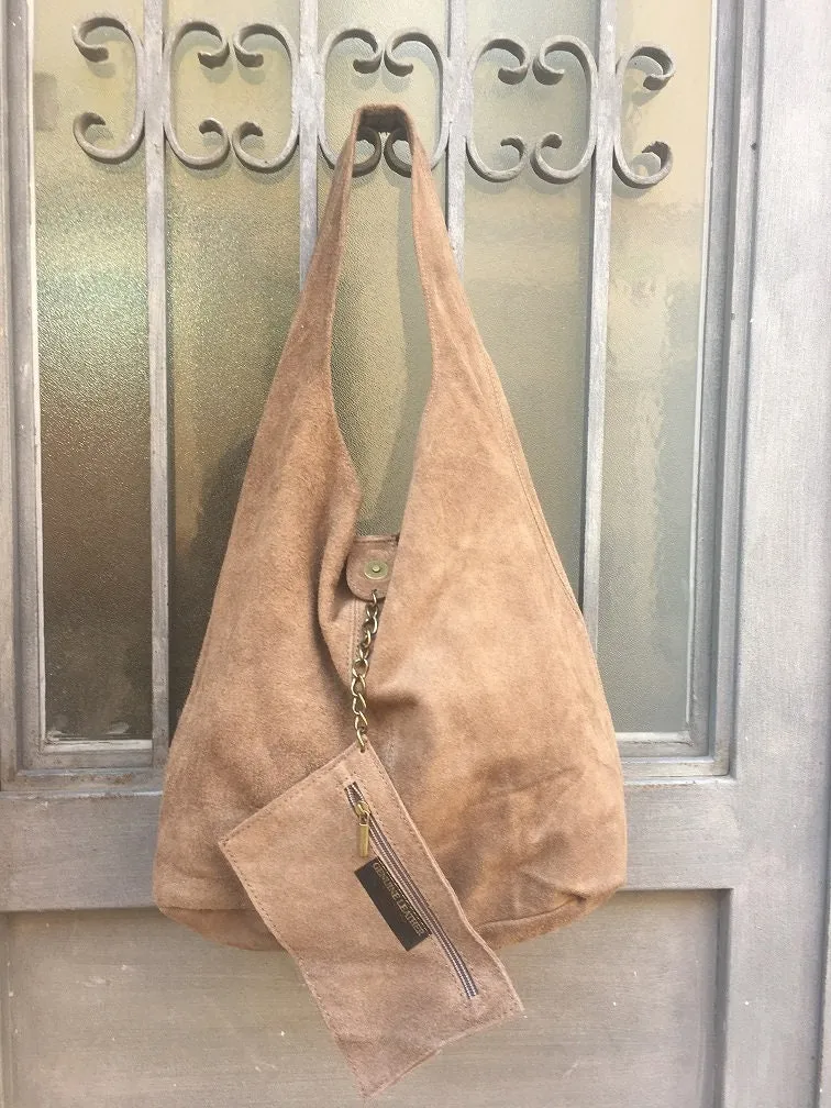 Slouch bag.Large TOTE leather bag in dark BEIGE. Soft natural suede leather bag. Bohemian bag. Light BROWN  suede bag.