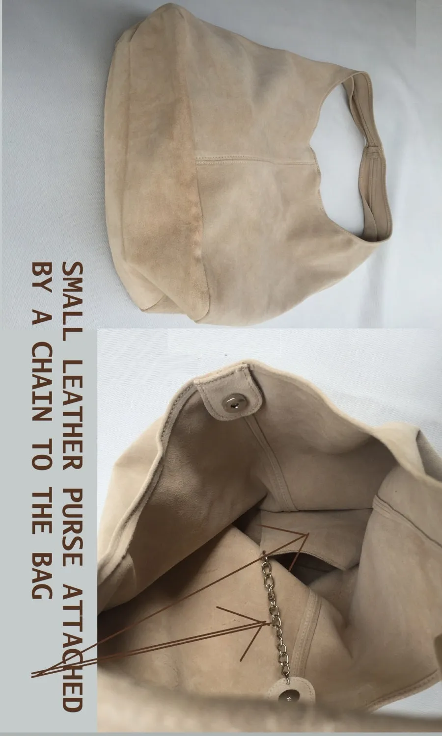 Slouch bag.Large TOTE leather bag in dark BEIGE. Soft natural suede leather bag. Bohemian bag. Light BROWN  suede bag.