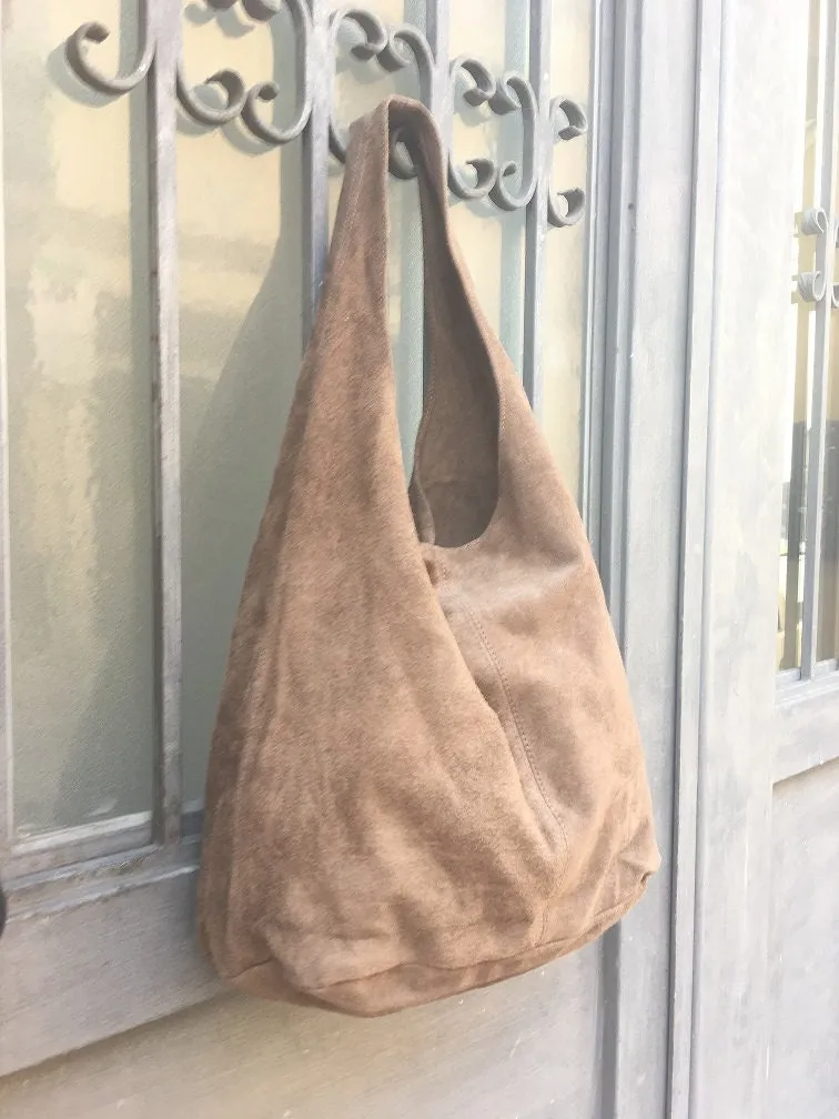Slouch bag.Large TOTE leather bag in dark BEIGE. Soft natural suede leather bag. Bohemian bag. Light BROWN  suede bag.