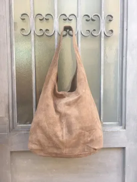 Slouch bag.Large TOTE leather bag in dark BEIGE. Soft natural suede leather bag. Bohemian bag. Light BROWN  suede bag.