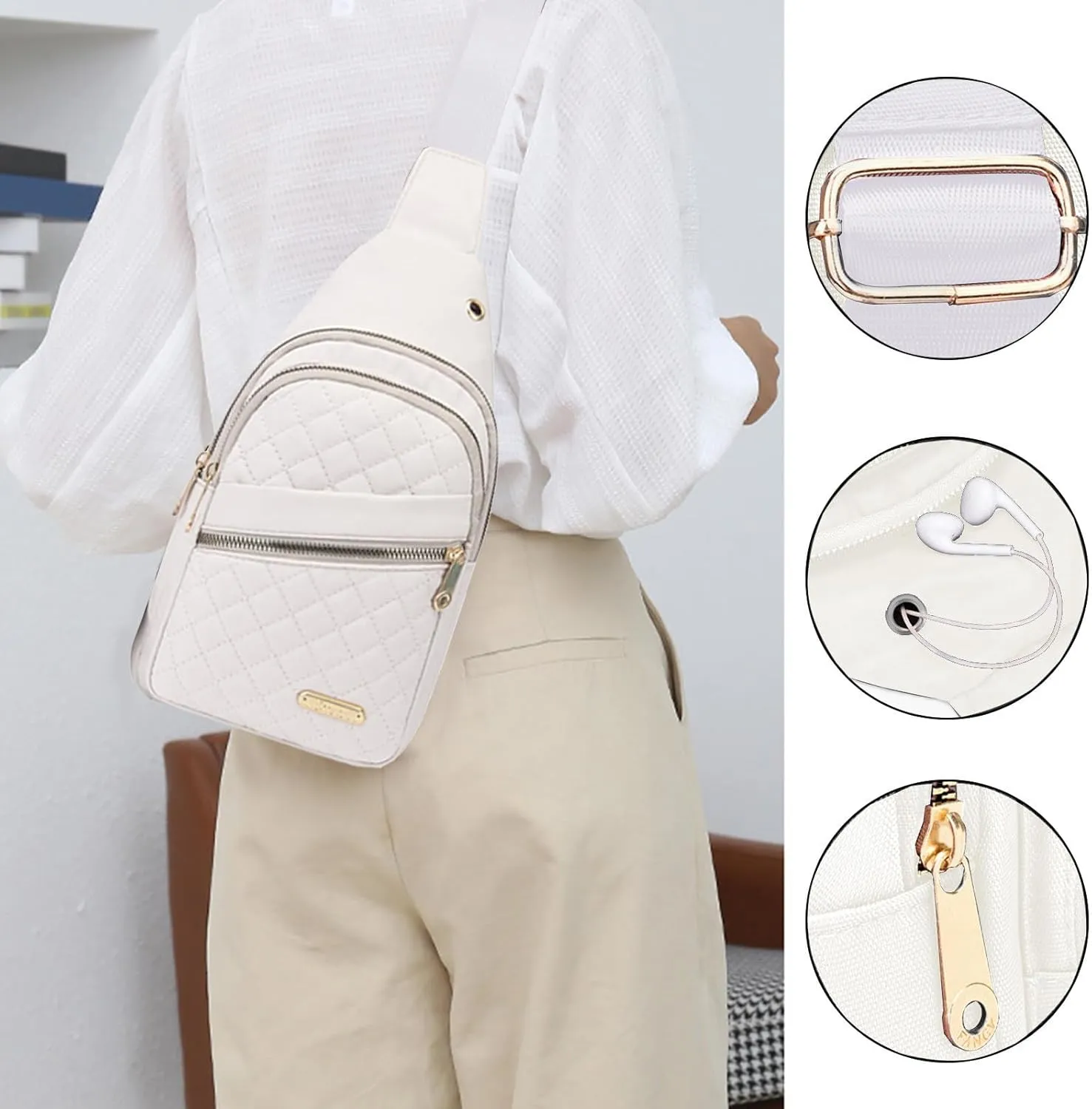 Small Sling Backpack Crossbody Sling Bag, Watertight Backpack With Data Hole for Outdoors Hiking Traveling (Green)(White)