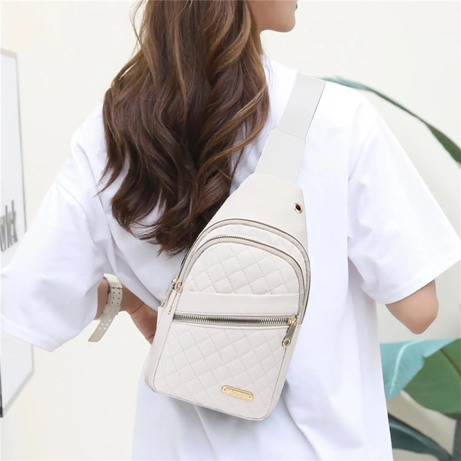 Small Sling Backpack Crossbody Sling Bag, Watertight Backpack With Data Hole for Outdoors Hiking Traveling (Green)(White)