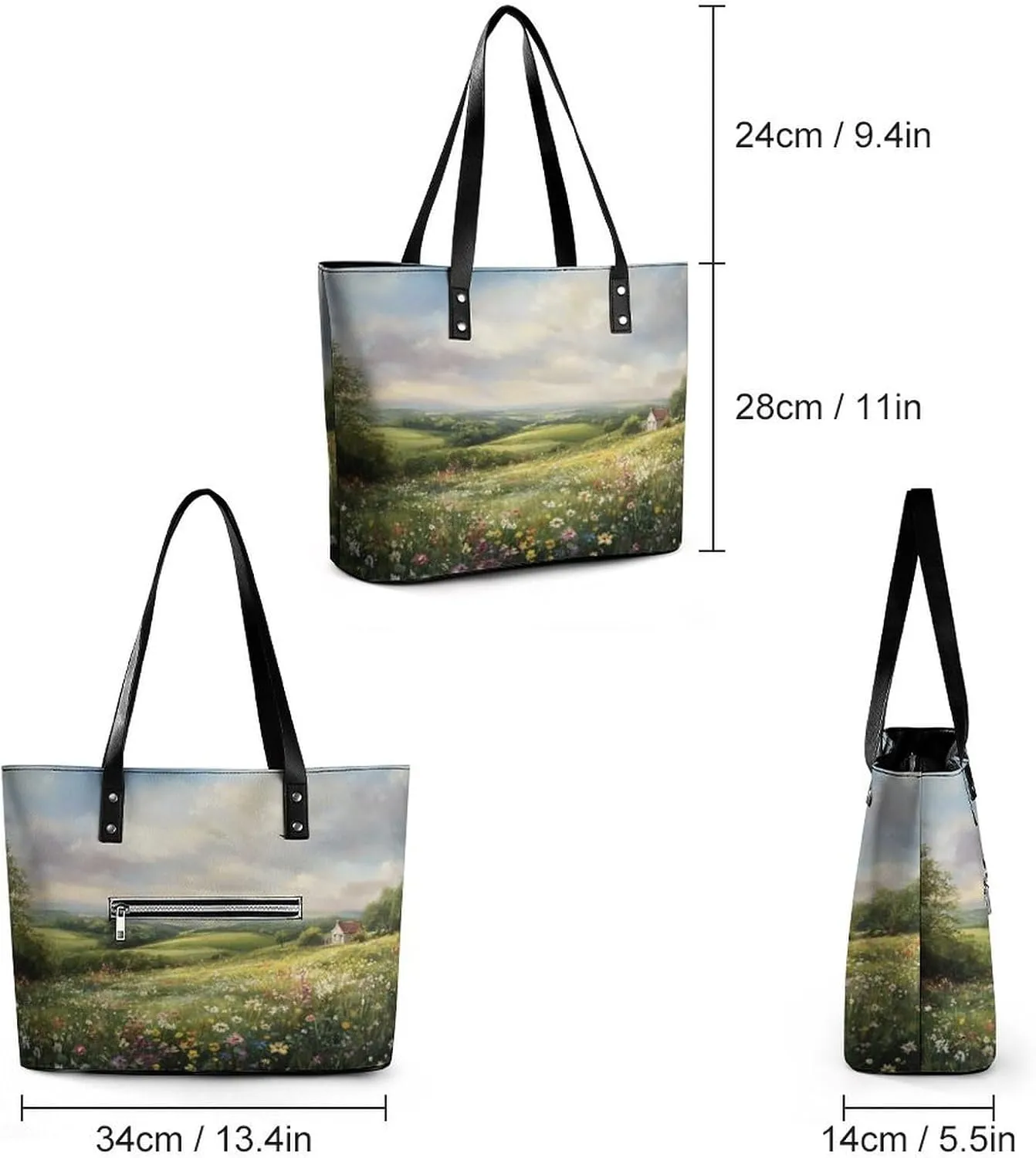 Spring Meadow Dirt Path Flowers Landscape Women Soft Leather Handbags Tote Purses Shoulder Bucket Bags
